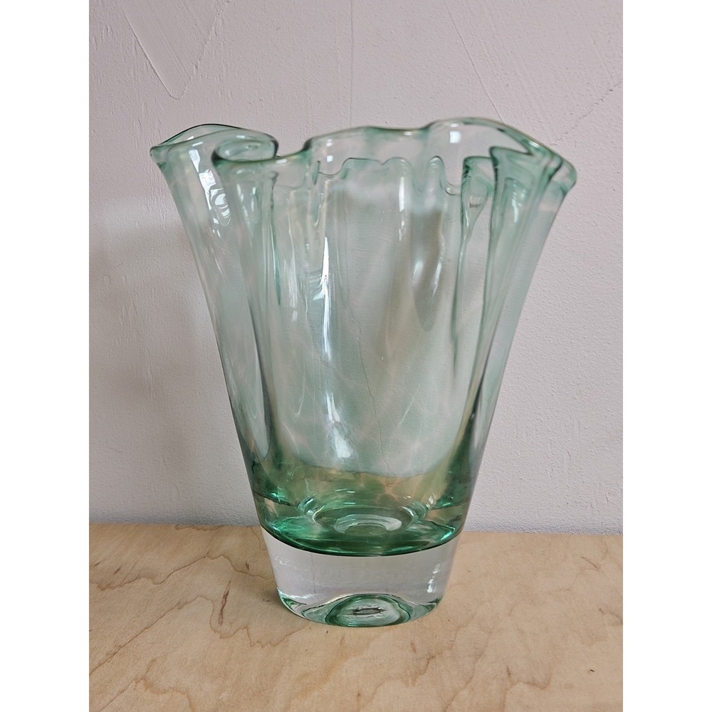 Hand Blown Art Glass Vase Clear Green Striped Ruffled Rim 7 Inch Decorative